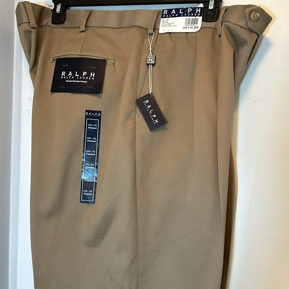Ralph Lauren Pleated Dark Tan Cotton Khaki Pants 44x29 NWT